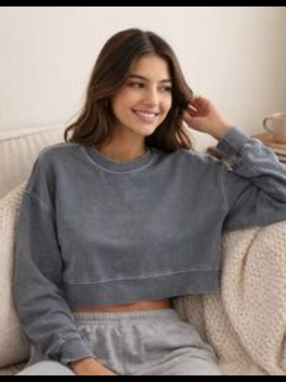Women’s Lazy Sunday Crop blue grey Cozy Comfy Crewneck Pullover sweatshirt M